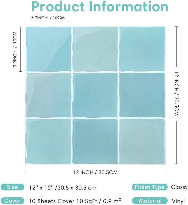 Commomy Thicker Peel and Stick Tiles - 10 pcs of 12" x 12" - 3D Adhesive Square Peel and Stick Tiles Backsplash for Kitchen, Bathroom, Removable, Waterproof, Vinyl Wall Tile - Image 5